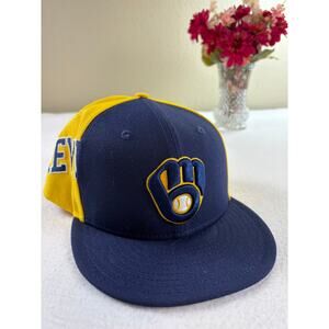 Milwaukee Brewers New Era 59FIFTY Hat Size 7 3/8 Navy Yellow Ball-in-Glove